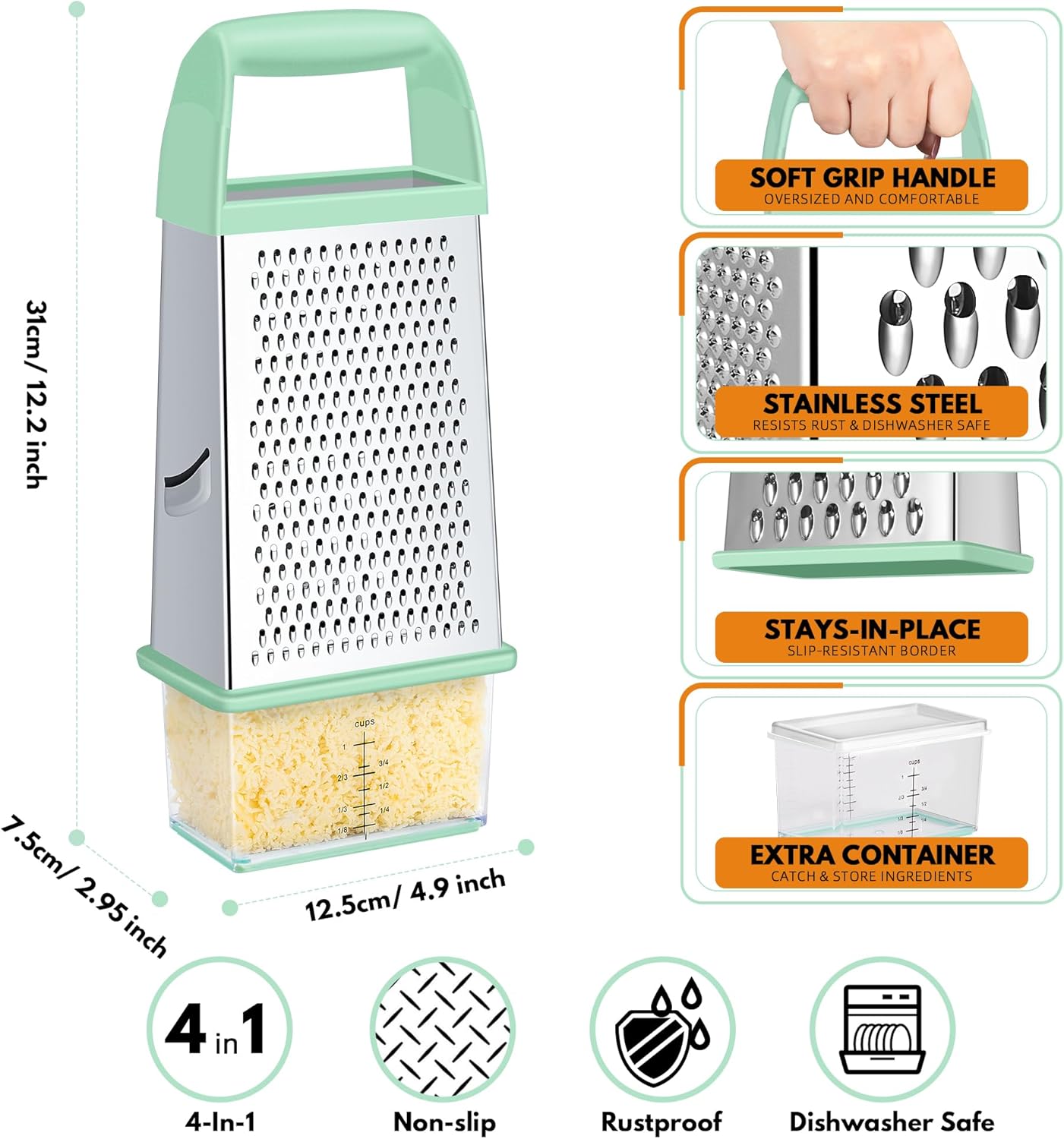 Urbanstrive Cheese Grater With Container, Professional Cheese Grater with Handle, Stainless Steel Graters for Kitchen Handheld, Box Grater with 4 Sides for Vegetables, Ginger, Potatoes (Blue)