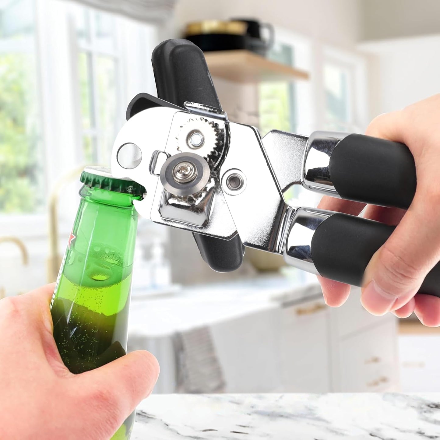 Can Opener Manual with Bottle Heavy Duty Stainless Steel Smooth Edge Manual Can Opener and Bottle Openers Sharp Cutting Wheel Multifunction Kitchen Tool Easy to Use Soft Ergonomic Handles