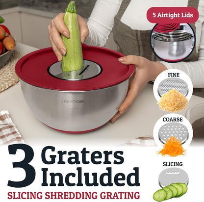 Priority Chef Stainless Steel Mixing Bowls with Lids Set, 3 Grater Attachments, Airtight Lids, Non-Slip Silicone Base Mixing Bowl Set, Large Prep Metal Mixing Bowls for Kitchen, Black