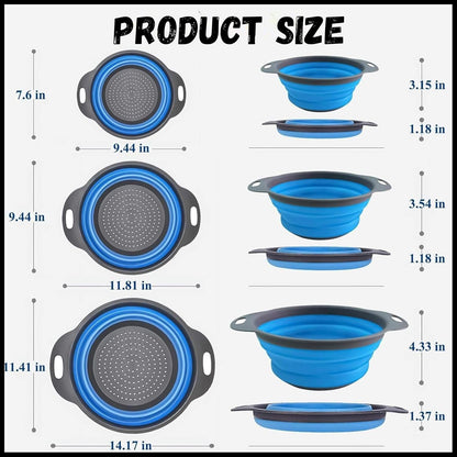 Collapsible Colander Set of 2, Foldable Silicone Pasta Strainer with Handles, 2 Pack Space Saving Kitchen Colander for Fruits,Space Saving Pasta Strainer Basket for Fruits & Vegetables