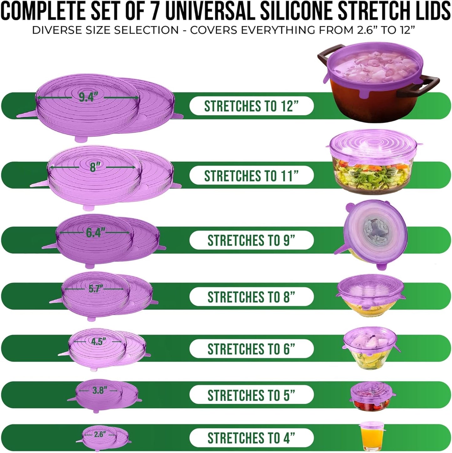 Reusable Silicone Stretch Lids for Food Storage in Fridge - Elastic Heat-Resistant Bowl Covers, Cups, Cans, Jars - Universal Food Grade Lid for Round and Rectangle Containers - Dishwasher Safe -7 Pack