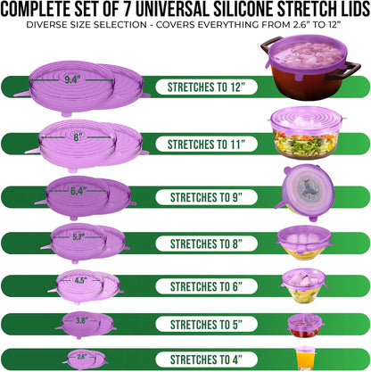 Reusable Silicone Stretch Lids for Food Storage in Fridge - Elastic Heat-Resistant Bowl Covers, Cups, Cans, Jars - Universal Food Grade Lid for Round and Rectangle Containers - Dishwasher Safe -7 Pack