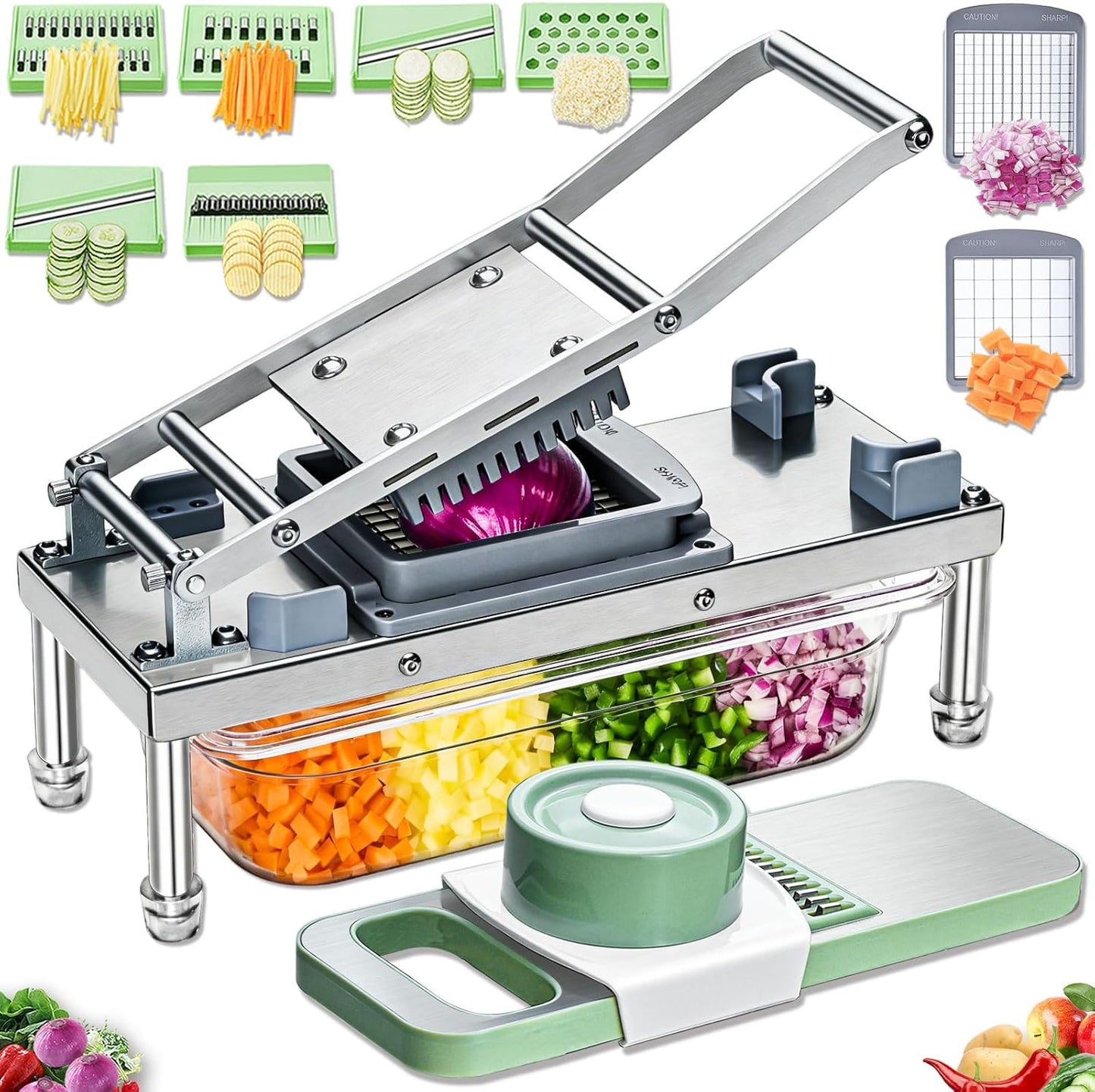 Stainless steel Vegetable Chopper, Veggie Chopper With 10 Blades, Onion Dicer with Container, Food Cutter & Grater Mandoline Slicer