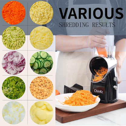 Upgrade Rotary Cheese Grater Shredder with Handle, Strong Suction Base, Multi-purpose Rotary Grater Slicer with 5 Interchangeable Blades for Ice, Vegetables, Fruit, Nuts with Blade Storage Box