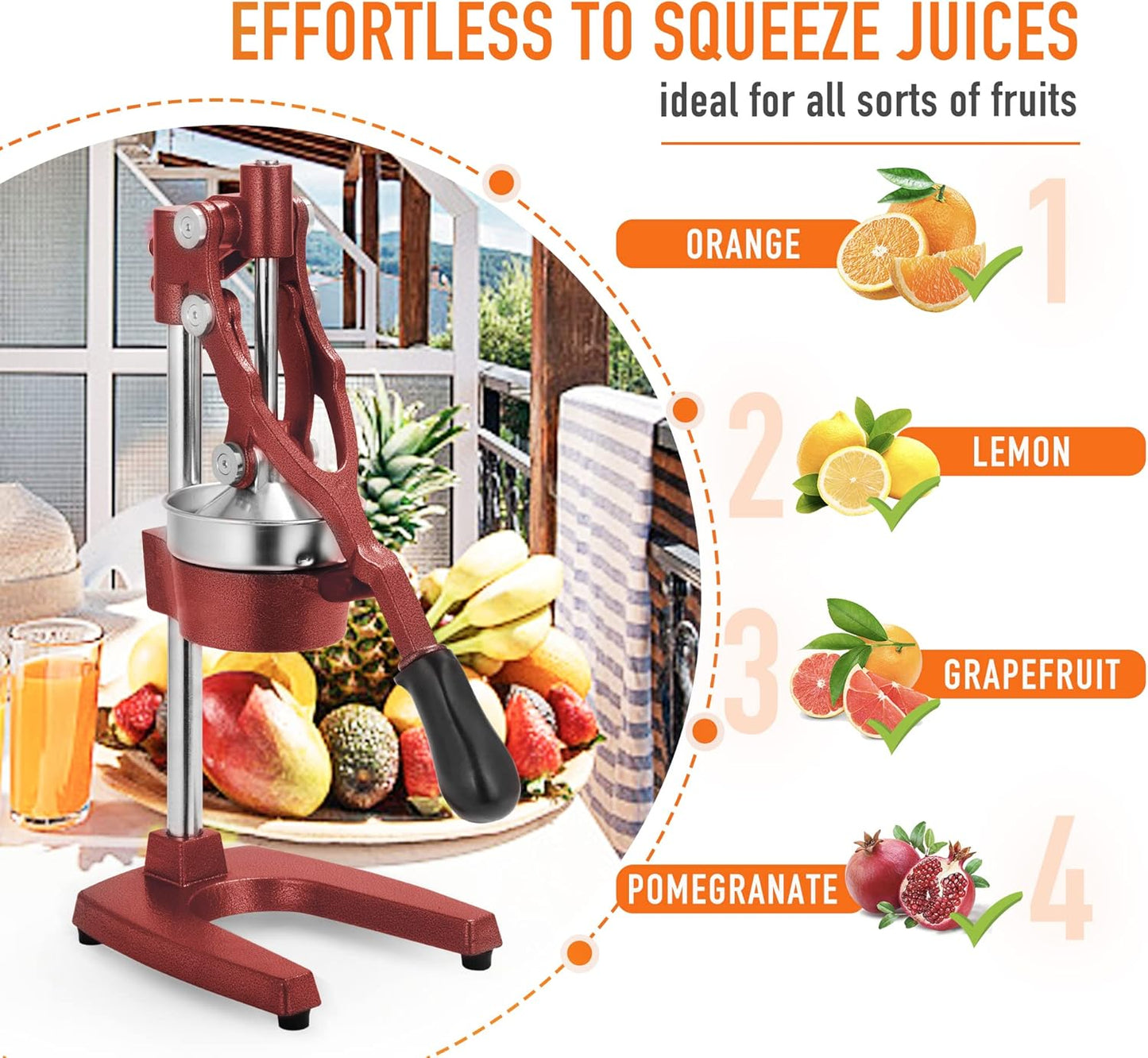 Commercial Heavy Duty Countertop Hand Press Manual Juicer Squeezer Fruit Crusher Machine for Orange Citrus Lemon Lime Grapefruit and Pomegranate Red