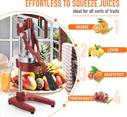 Commercial Heavy Duty Countertop Hand Press Manual Juicer Squeezer Fruit Crusher Machine for Orange Citrus Lemon Lime Grapefruit and Pomegranate Red