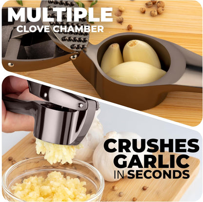 Zulay Kitchen Premium Garlic Press Set - Rust Proof Professional Garlic Mincer Tool - Easy-Squeeze, Easy-Clean with Soft, Ergonomic Handle - Silicone Garlic Peeler & Brush (Silver)