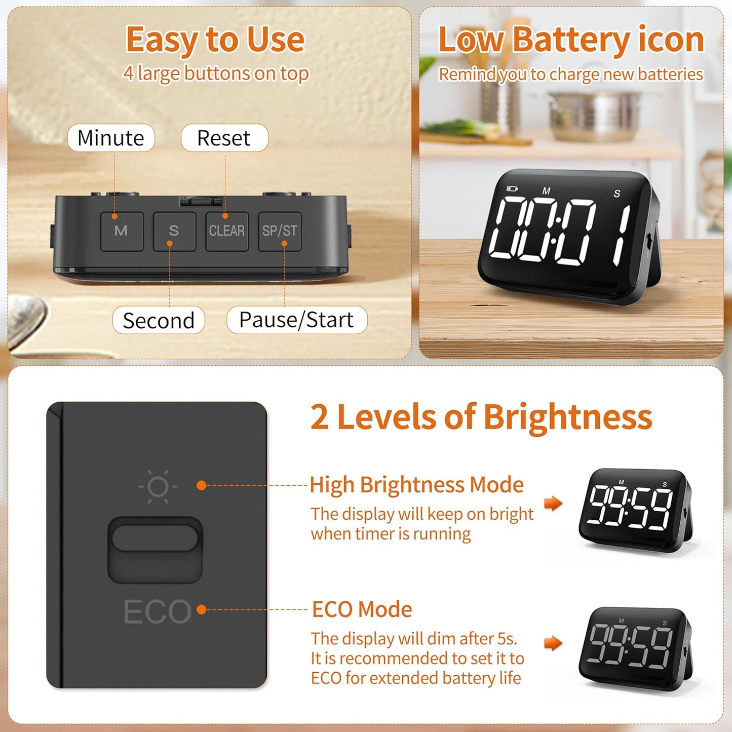 VOCOO Magnetic Kitchen Timer for Cooking with Count Up Countdown, Digital Timer Battery Powered with Large Display, 2 Brightness and Volume Levels for Classroom, Teacher, Kids (Red)