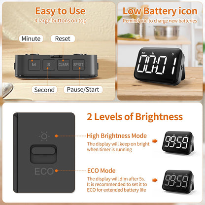 VOCOO Magnetic Kitchen Timer for Cooking with Count Up Countdown, Digital Timer Battery Powered with Large Display, 2 Brightness and Volume Levels for Classroom, Teacher, Kids (Red)
