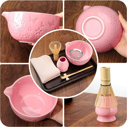 Matcha Whisk Set 7 PCS Matcha Bowl, Matcha Whisk and Holder, Bamboo Scoop and Scoop Rest, Stainless Sifter and Tea Towel Ceramic Matcha Set Japanese Matcha Kit for Matcha Lovers Pink
