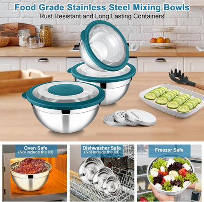 E-far Mixing Bowls Set of 5, Stainless Steel Salad Mixing Bowl with Transparent Lid, Metal Nesting Bowl Attach with 3 Graters for Kitchen Prepping/Serving/Baking/Storage, 4.6/2.6/1.5/1/0.7 QT - Khaki