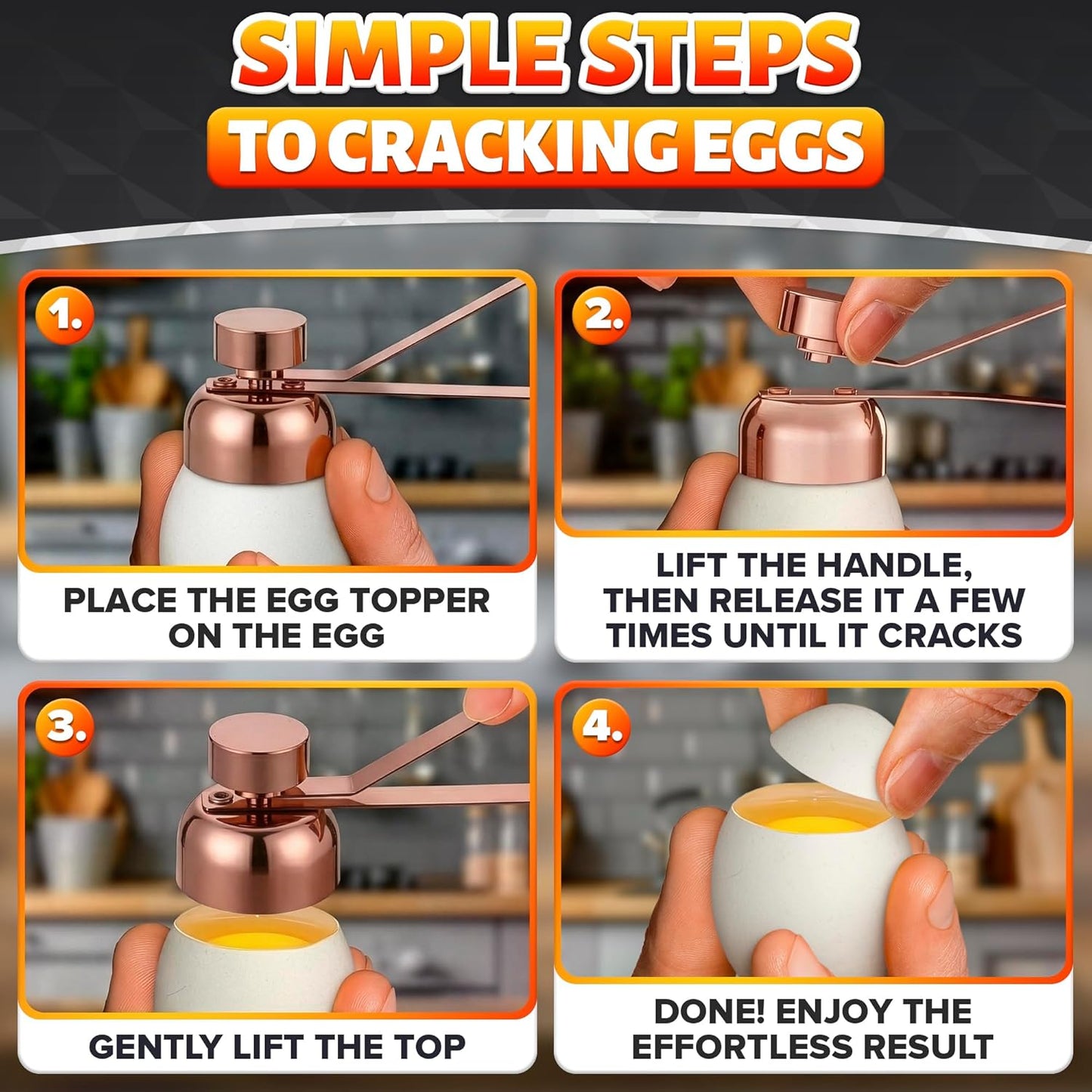 Egg Cracker Tool for Raw Eggs — Egg Shell Opener for Soft-Boiled Shell Tops, Stainless Steel Topper with Ergonomic Adjustable Effort — Clean Cut Design for Breakfast Prep, Custards, & Baking (Silver)