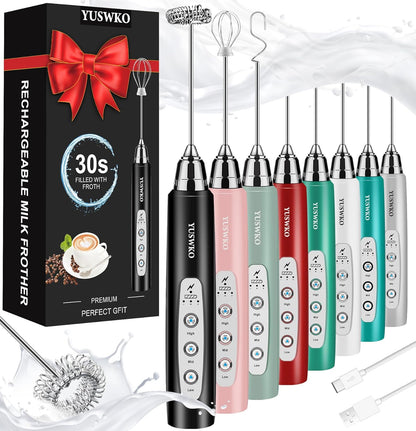 YUSWKO Black Handheld Milk Frother Wand for Coffee, Rechargeable Electric Whisk with 3 Heads 3 Speeds Drink Mixer Coffee Frother For Latte, Cappuccino, Hot Chocolate, Egg