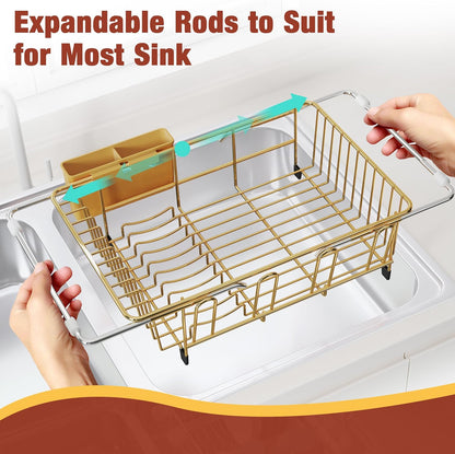 JASIWAY Roll Up Dish Drying Rack, Expandable (12.8"-23.8" D x 12.8" W) Stainless Steel Portable Drainer for Kitchen Sink Counter, Foldable Over The Sink Cover with Removable Utensil Holder