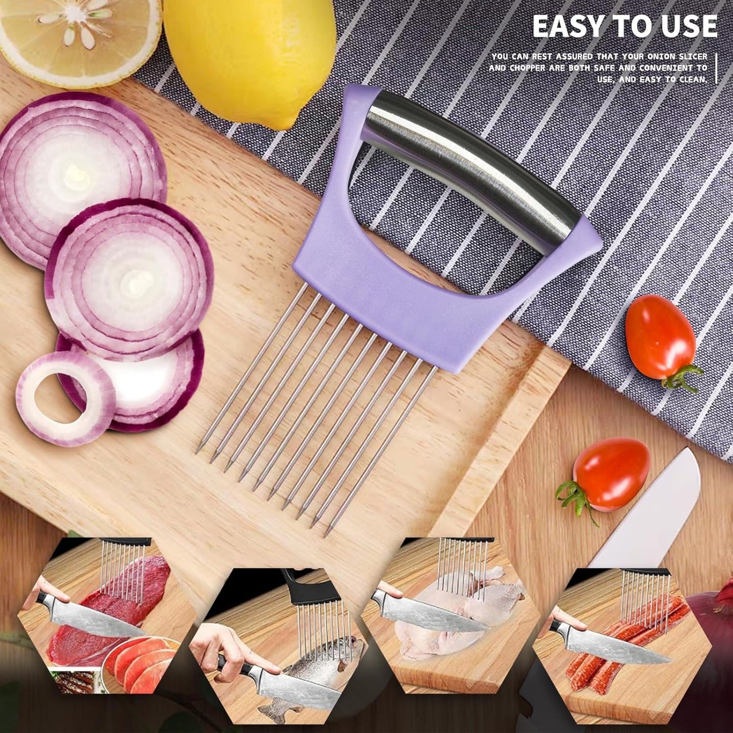 2PCs Stainless Steel Onion Slicer Holder, Onion Cutter Holder for Slicing of Onions,Tomatoes,Avocados,Eggs and Other Vegetables,KItchen Utensils (Orange & Black)
