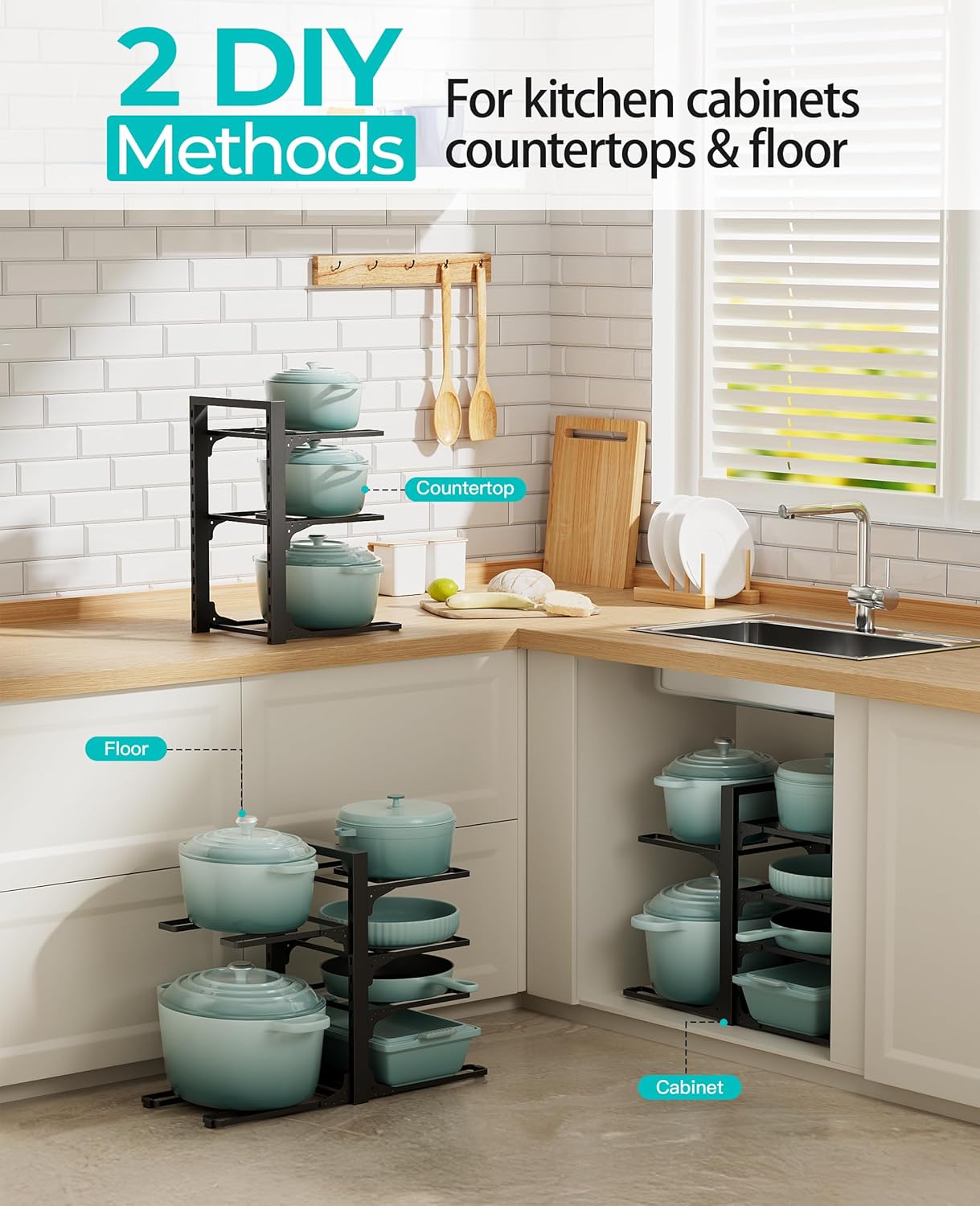 ORDORA Pots and Pans Organizer for Cabinet 16.61 Height, 8 Tier Pot Organizers Rack with 3 DIY Methods, Adjustable Pan Organizer under Cabinet Kitchen Organization and Storage
