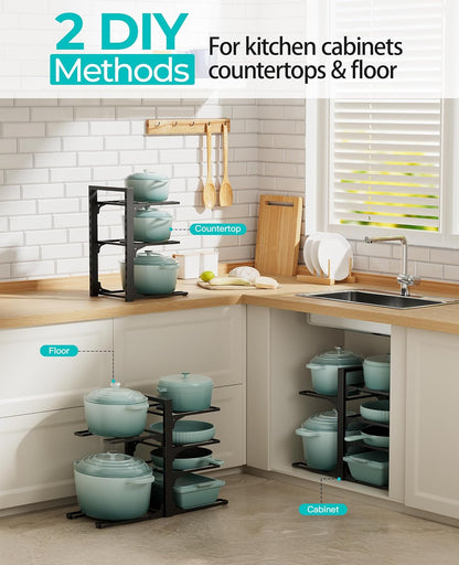 ORDORA Pots and Pans Organizer for Cabinet 16.61 Height, 8 Tier Pot Organizers Rack with 3 DIY Methods, Adjustable Pan Organizer under Cabinet Kitchen Organization and Storage