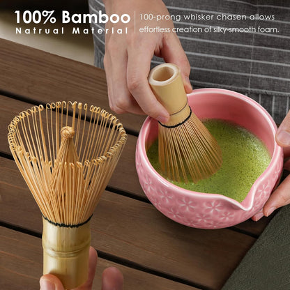 Matcha Whisk Set, Ceramic Bowl Matcha Kit & Handcrafted Bamboo Chasen, Complete 5 Pcs Matcha Set Whisk and Bowl, Stainless Steel Sifter, Bamboo Scoop & Holder for Matcha Lovers