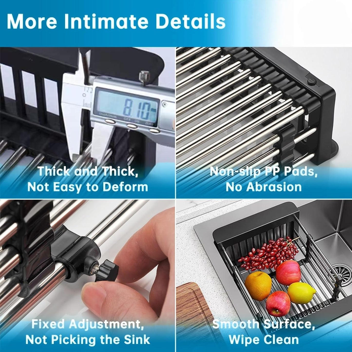 Over The Sink Dish Drying Rack, Stainless Steel Expandable Telescopic Drain Basket with Adjustable Arms - Functional Kitchen Sink Organizer for Dishes, Vegetables & Fruits (Large, Black)