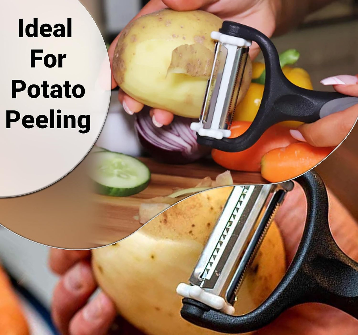 Julienne Peeler (3 Blades, 360° Rotating) Y Peelers for Potato Vegetable Carrot Cucumber & Fruits – Multifunction Stainless Steel Blades, Anti Slip Handle