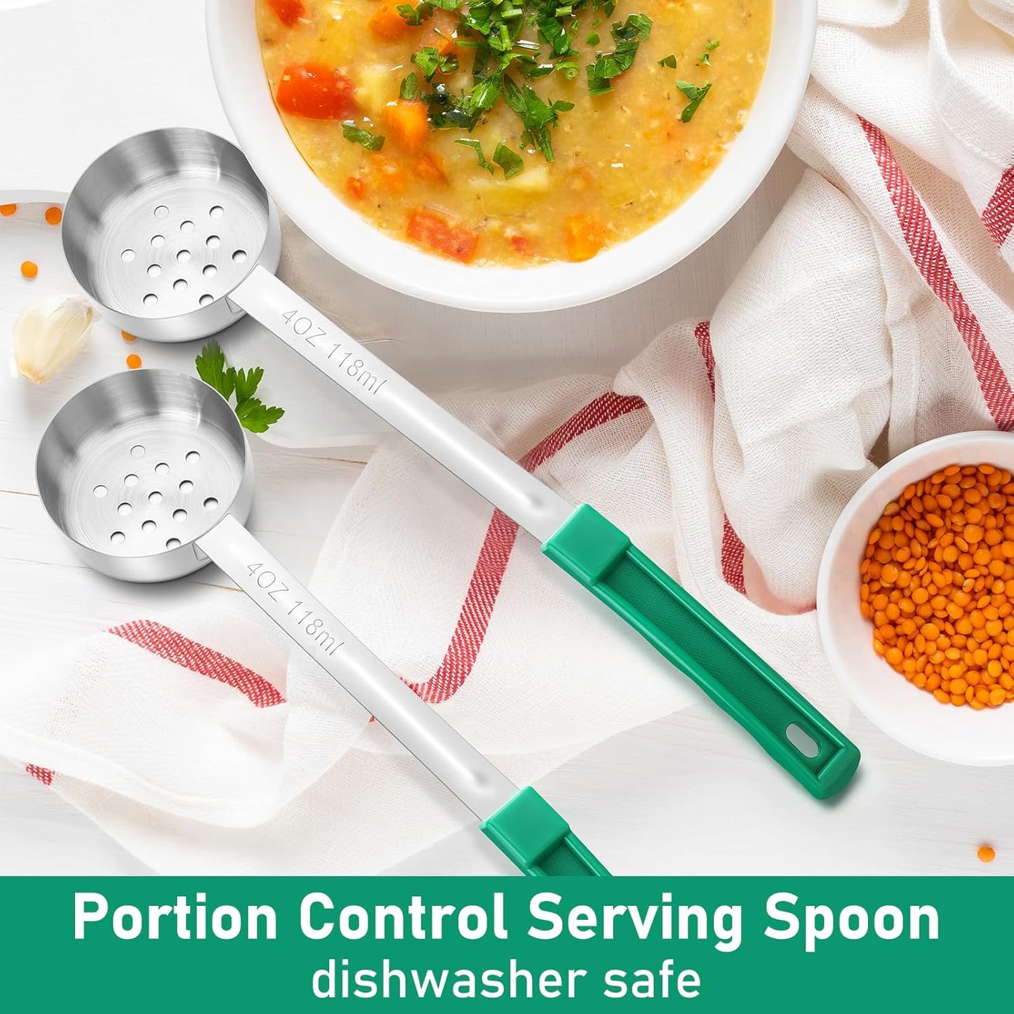 Teenyyou 2 Pcs Portion Control Serving Spoons, Restaurant Measuring Serving Ladle Utensils, Portion Spoons for Weight Loss, Kitchen(Red,2 oz,Solid and Slotted)