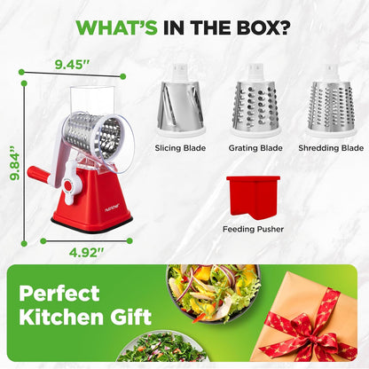 NutriChef 3 in 1 Cheese Grater & Shredder | Strong Suction Base, Rotary Handle with Safety Lock | Includes Hand Crank & 3 Drum Blades for 3 Textures, Fine, Medium & Strips | White