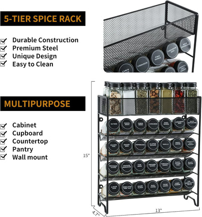 Skiileor Spice Rack Organizer with 28 Spice Jars, Black Lids，Spice Labels, Chalk pen and Funnel Set for Cabinet, Countertop, Pantry, Cupboard or Wall Mount