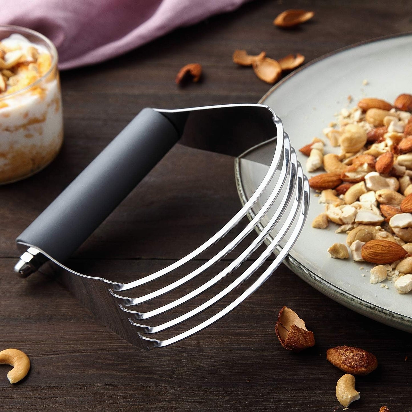 Spring Chef - Dough Blender and Pastry Cutter, Stainless Steel Nut, Pie, Pastry and Dough Cutter and Scraper, Multipurpose Baking Tools with Soft Grip Handles, Gray