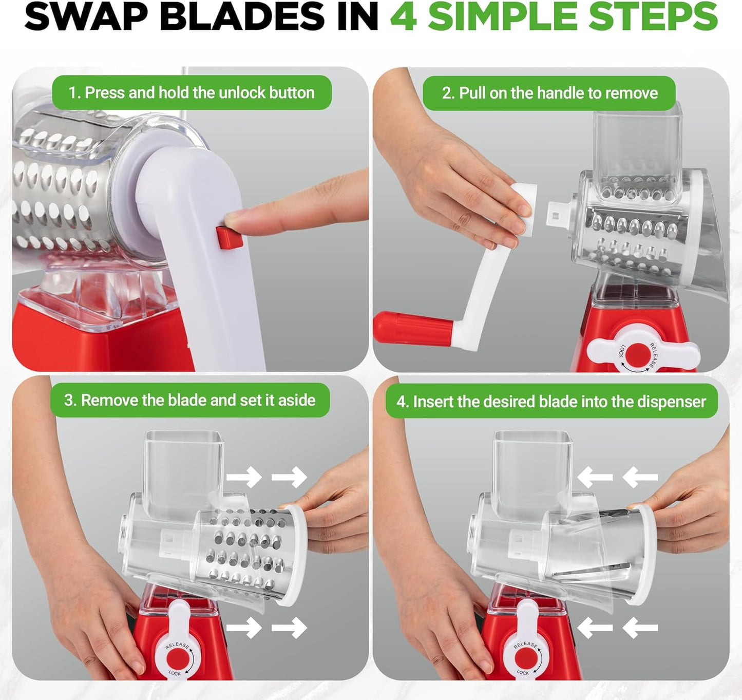 NutriChef 3 in 1 Cheese Grater & Shredder | Strong Suction Base, Rotary Handle with Safety Lock | Includes Hand Crank & 3 Drum Blades for 3 Textures, Fine, Medium & Strips | White
