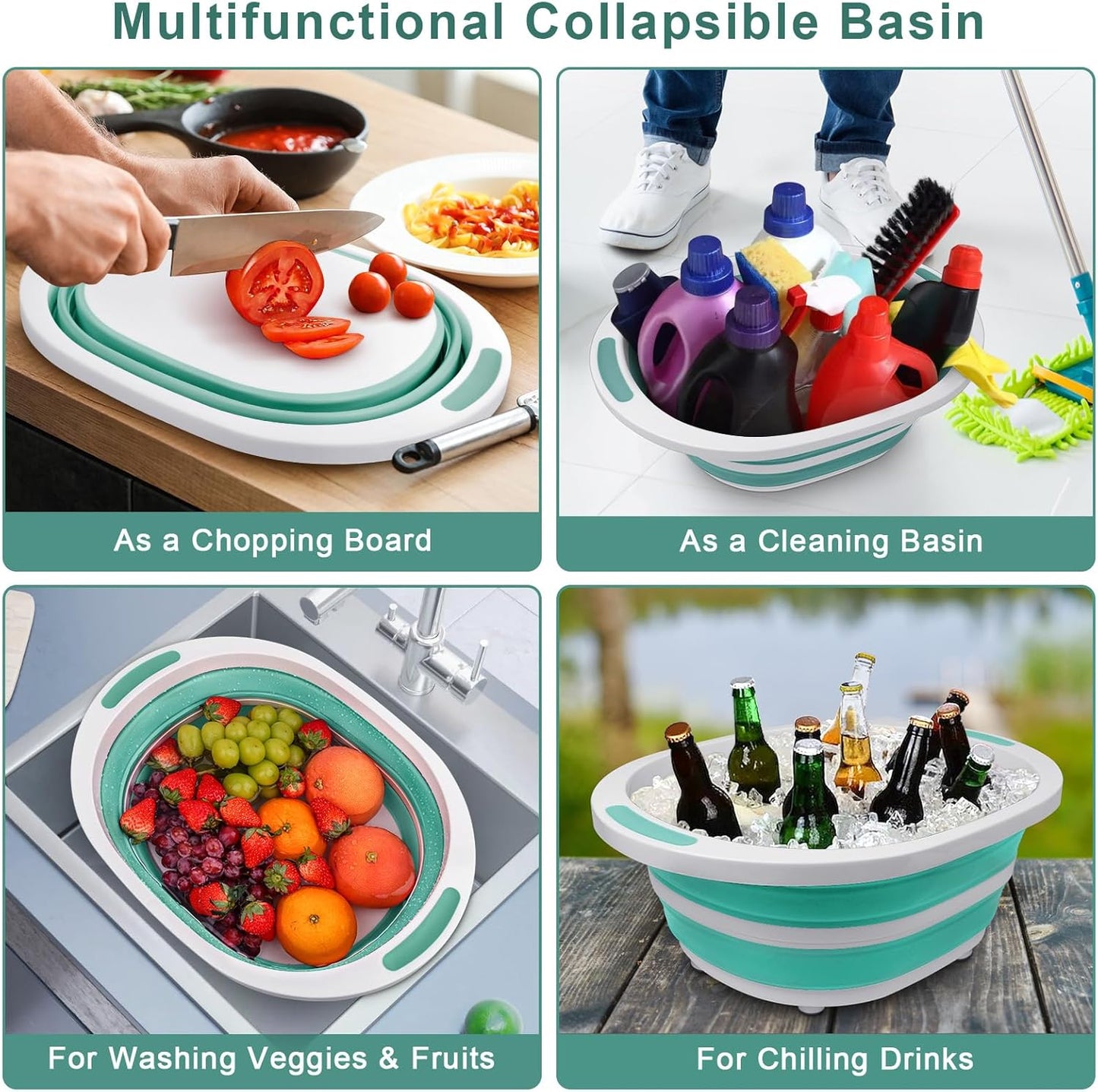 Collapsible Wash Basin for Baby Bottles, Cutting Board for Kitchen, BBQ Prep Tub for RV Home Foldable Dish Pan for Kitchen Sink, Ice Beverage Tubs Cleaning Supplies for Outdoor Camping Veggies Washing