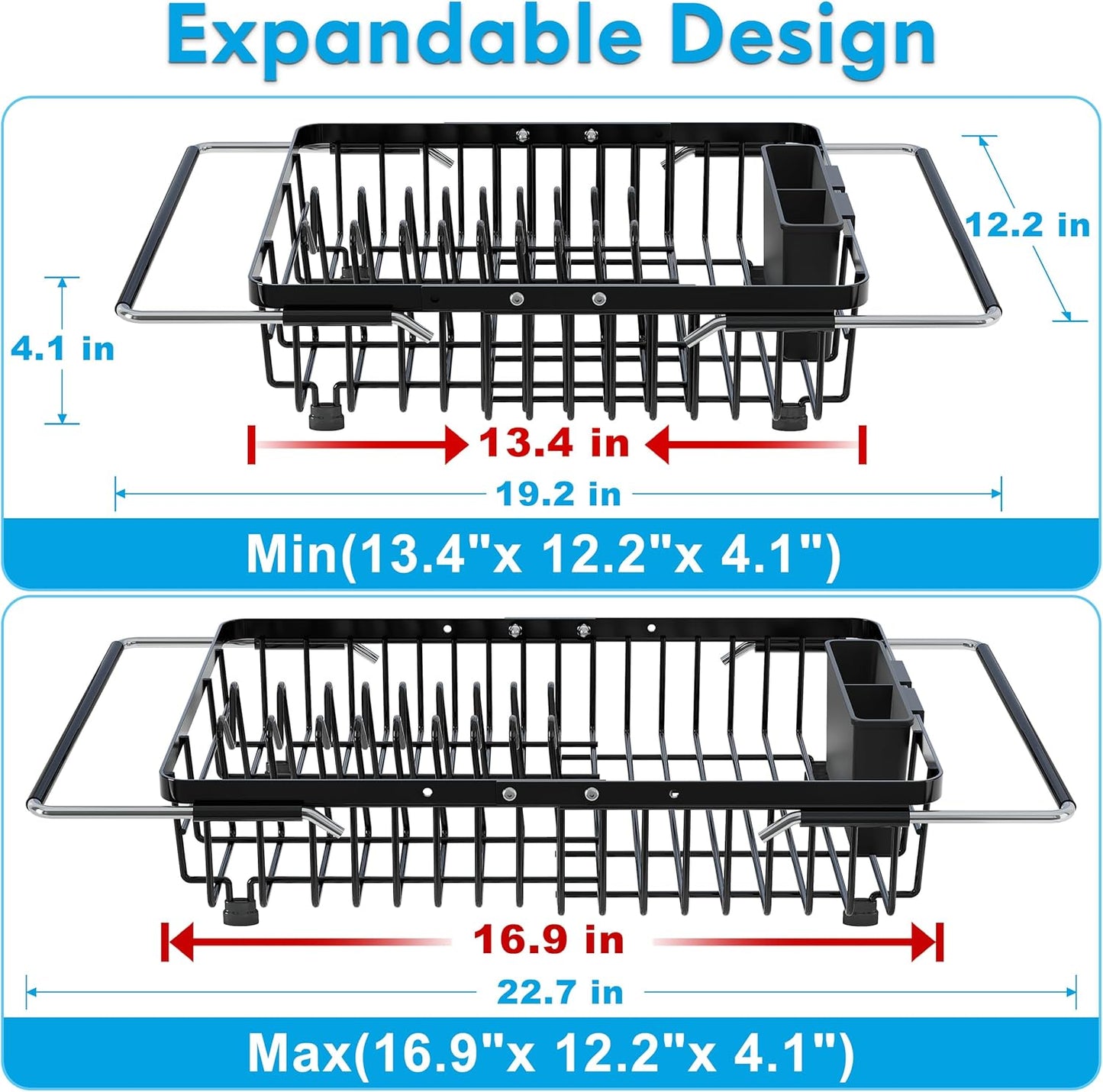 JASIWAY Roll Up Dish Drying Rack, Expandable (12.8"-23.8" D x 12.8" W) Stainless Steel Portable Drainer for Kitchen Sink Counter, Foldable Over The Sink Cover with Removable Utensil Holder