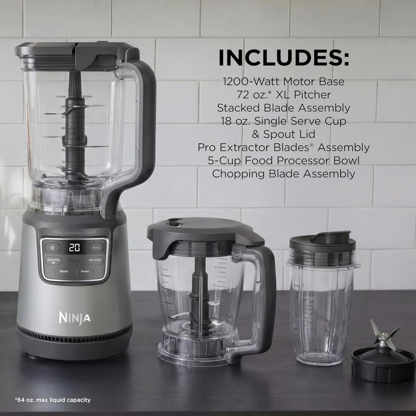 Ninja Kitchen System | All-in-One for Smoothies, Frozen Drinks, Veggie Chopper & More | With Full-Size Pitcher, 8 Cup Food Processor Bowl, (2) 18 oz. Cups, | 1200 Watt | Dark Grey | BR601AMZ
