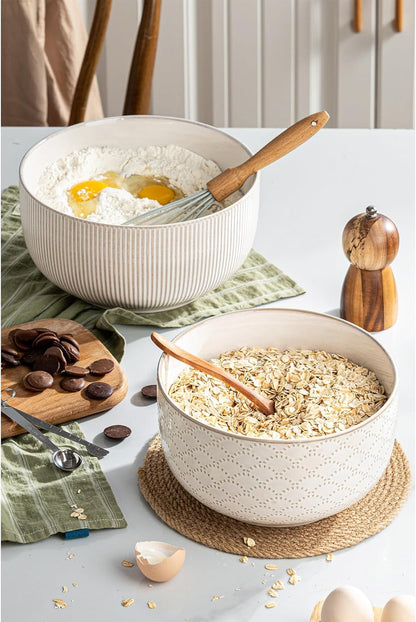 Ceramic Mixing Bowls, Embossed Nesting Bowls Set of 4, Mixing Bowl Set for Serving, Baking, Cooking and Gift, Microwave and Dishwasher Safe, 20/47/99/148 oz, Off-White