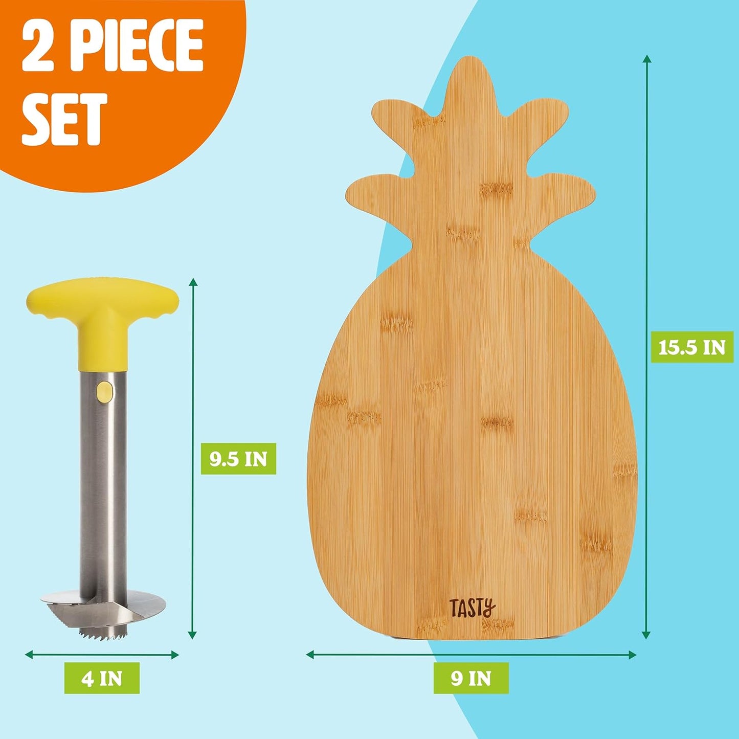 Tasty Pineapple Slicer and Bamboo Board Set, Cores and Slices Pineapples, Set Includes Renewable Bamboo Pineapple Shaped Cutting Board and Stainless Steel Slicer with Nonslip Handle, 2-Piece Set