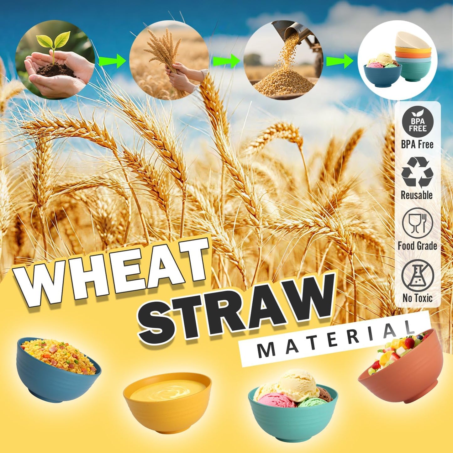 Wheat Straw Bowls Set with Lids, Unbreakable 40 OZ Cereal Bowls Set of 4, Salad Container for Lunch, Microwave & Dishwasher Safe Bowl Set for Kitchen, Picnic, RV, Camping, Multi
