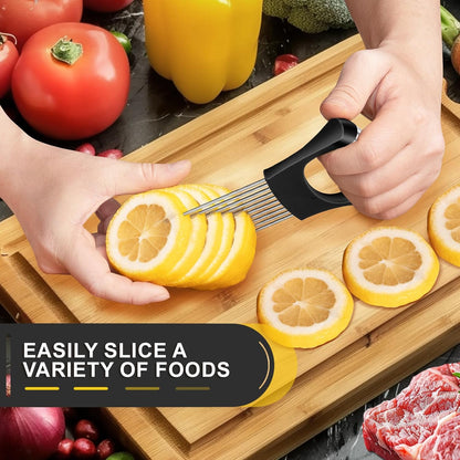 Premium Onion Slicer, Stainless Steel Onion Holder for Slicing, Kiwifruit, Tomatoes, Avocados, Eggs, Lemon, Meat, Potato, Third Generation Onion Cutter with Protective Cover