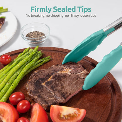600ºF Heat Resistant Kitchen Tongs: U-Taste 9 inch Silicone Cooking Tong with Firm Sealed Non Stick Rubber Tips & Silicon Coated 18/8 Stainless Steel Handle & Smooth Locking for Serving Salad (Black)