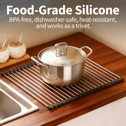 Roll Up Dish Drying Rack for Over Sink - 17.5"x15.7" Foldable Stainless Steel Kitchen Drainer, Black
