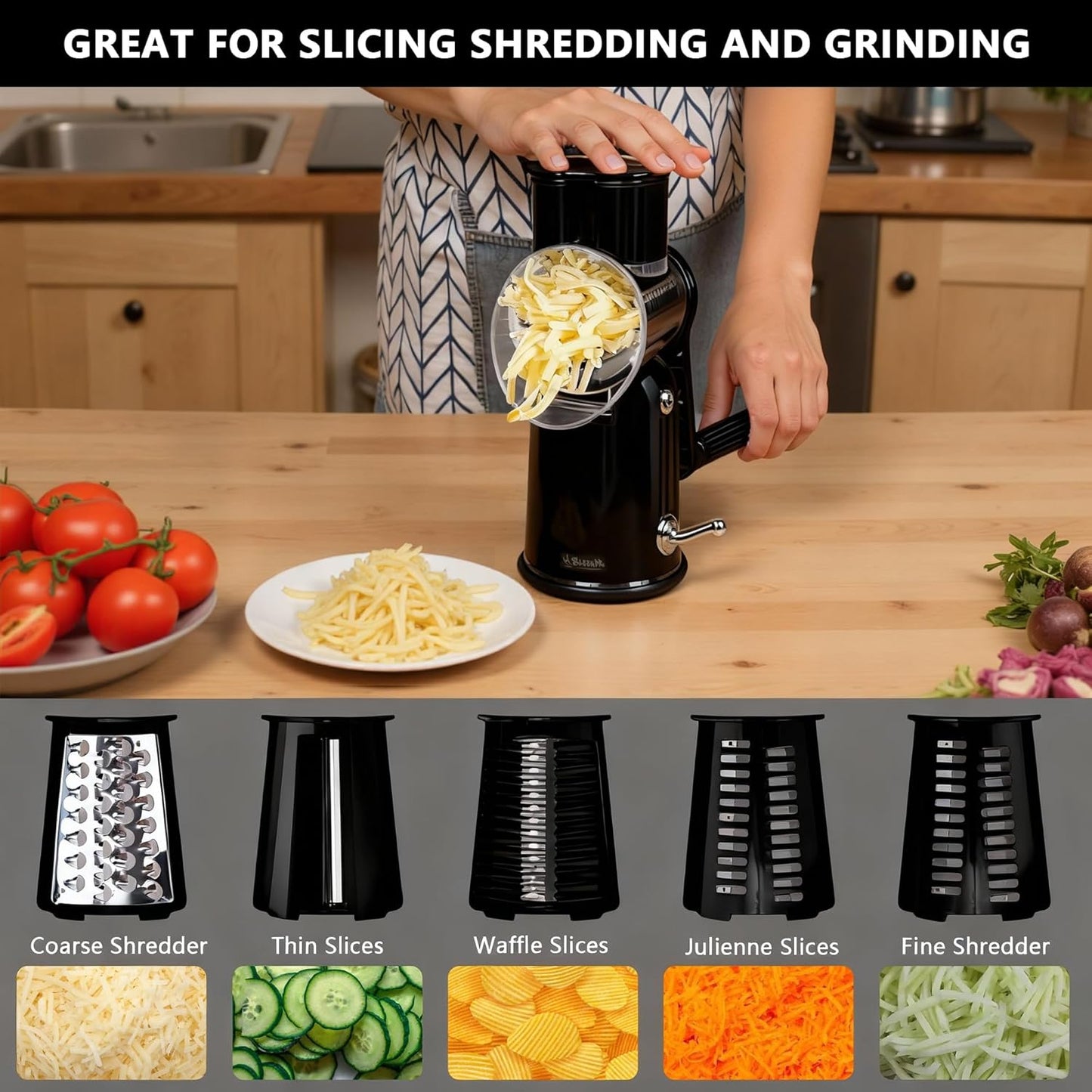 5-in-1 Rotary Cheese Grater Vegetable Slicer with Handle - Upgraded Hand Crank Cheese Grater with Handle and Strong Suction Base, Multi-Purpose Slicer with 5 Blades (Black)