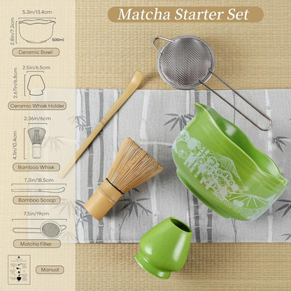 Matcha Whisk Set, 5 Pcs Traditional Japanese Matcha Whisk Preparation Kit, White Glossy Ceramic Bowl with Black Cat and Strawberry Pattern