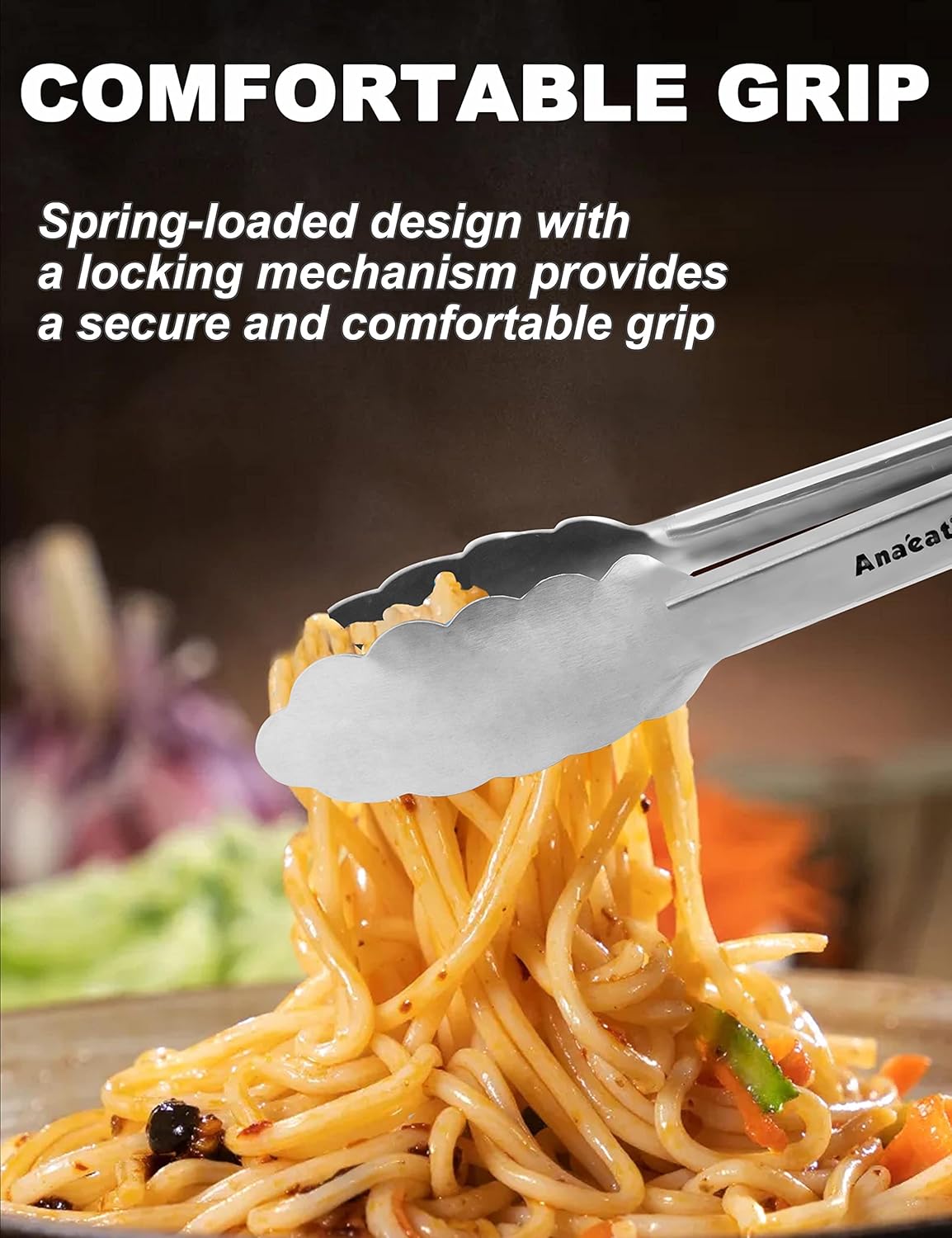 Anaeat Non-Stick Silicone Locking Tong Set of 3 - Stainless Steel 7", 9", 12" Kitchen Food Tongs with Non-Slip Silicone Tips and Grip for Cooking, Baking and BBQ - Heat Resistant up to 480°F (Black)