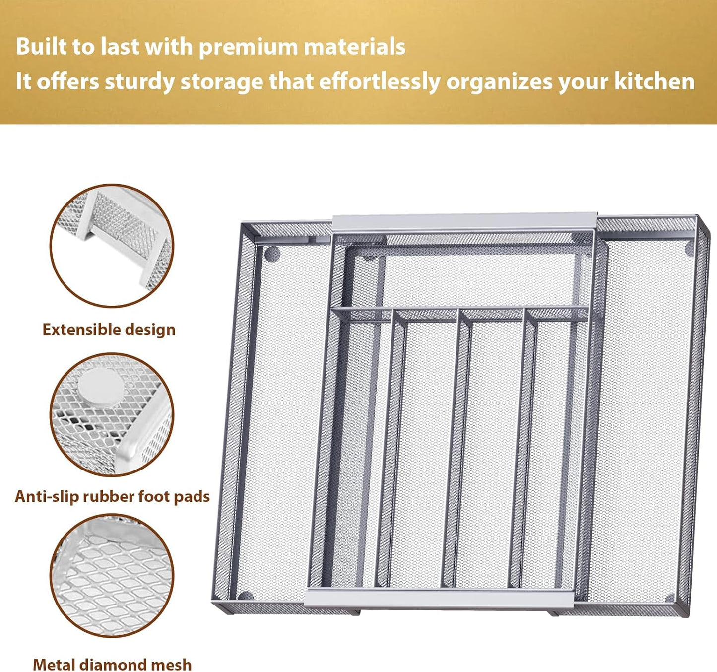 Sedegn Silverware Organizer Metal Mesh, Large Drawer Organizer, Utensil Cutlery Tray for kitchen drawers, Flatware Organizer with 6 Compartment, Black (11.3”*16“)