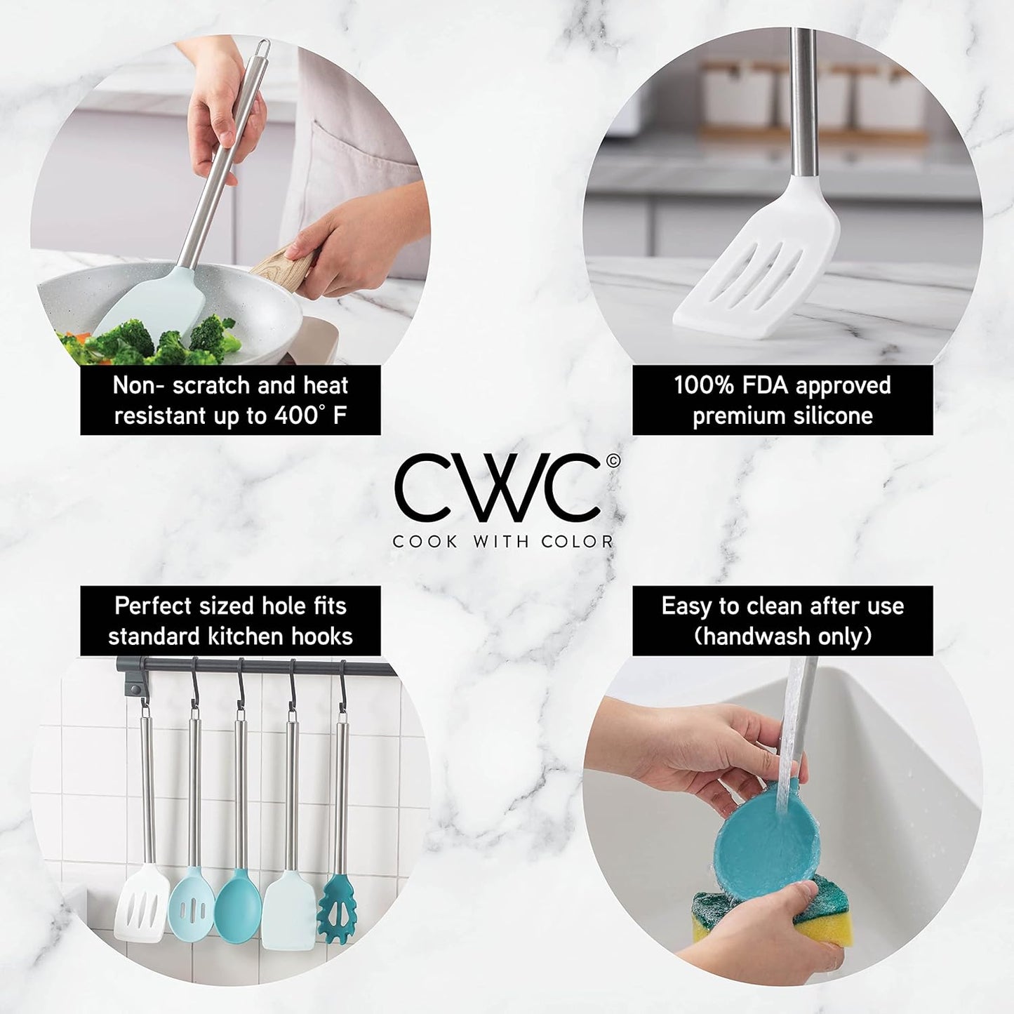 COOK WITH COLOR Silicone Cooking Utensils, Kitchen Utensil Set, Easy to Clean Silicone Kitchen Utensils, Cooking Utensils for Nonstick Cookware, Kitchen Gadgets Set, 10 Pieces, Green
