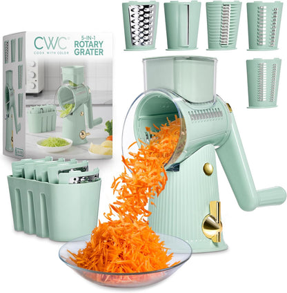 COOK WITH COLOR Rotary Cheese Grater with Handle - Counter Cheese Grater Suction Base with Hand Crank - 5 Blade Cheese Shredder - Easy to Use Manual Vegetable Chopper and Mandolin
