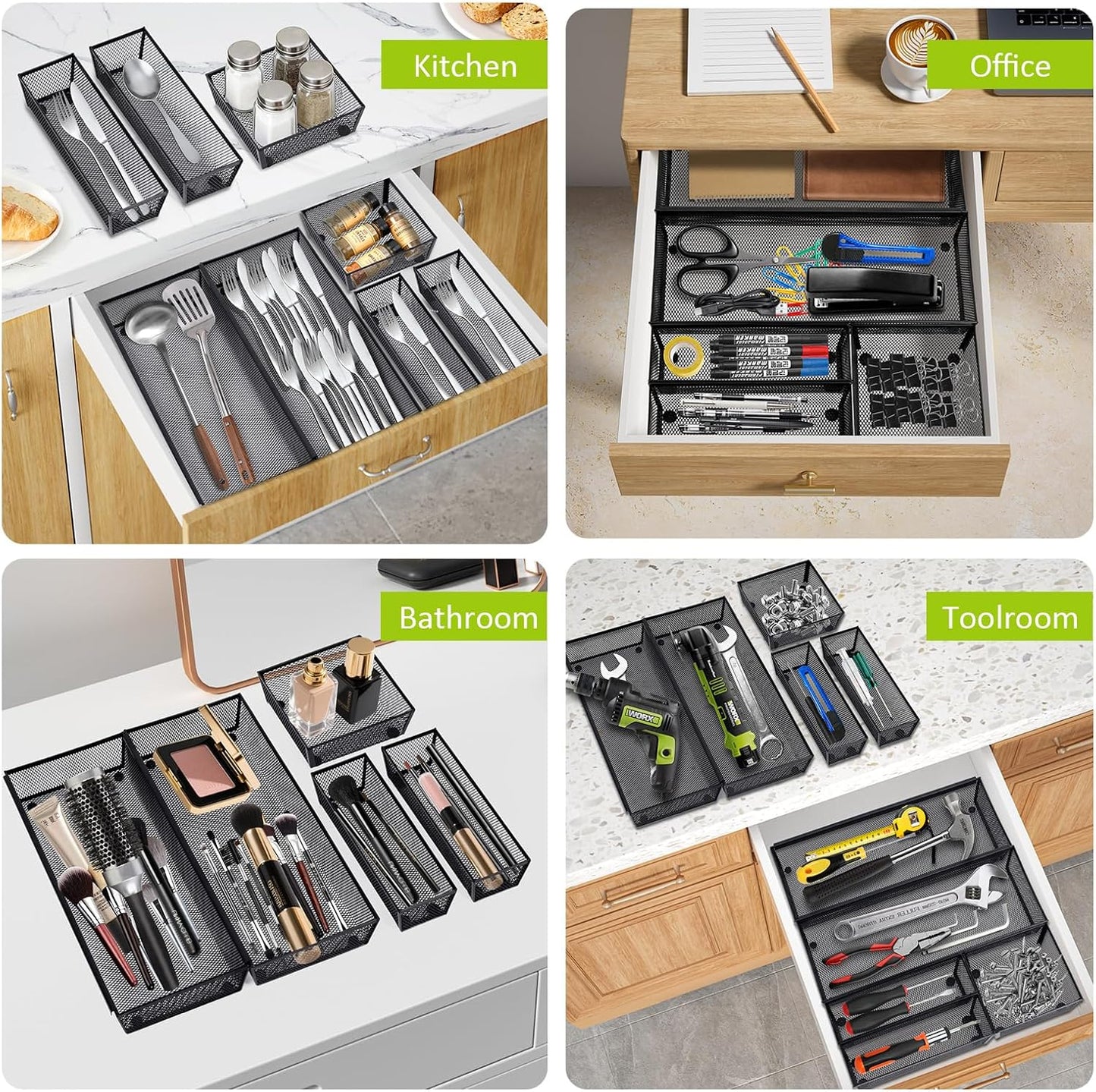 Neudeco Silverware Drawer Organizer - 5 Compartment Cutlery Tray with Non-Slip Feet, Mesh Wire Flatware Storage Divider for Kitchen, Bedroom, Living Room (Silver)