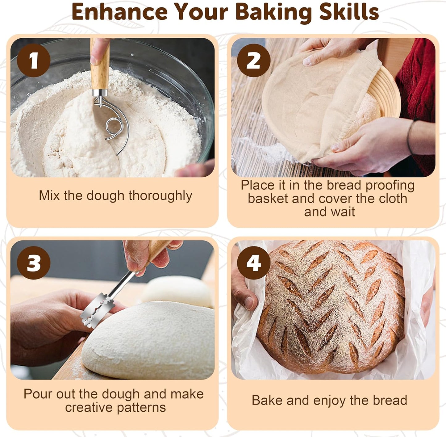 TeamFar Sourdough Bread Baking Supplies, 9” Round & 10” Oval Bread Proofing Basket Set with Liner, Sourdough Starter Kit for Bread Making, Bread Lame/Whisk/Dough Scraper/Basting Brush