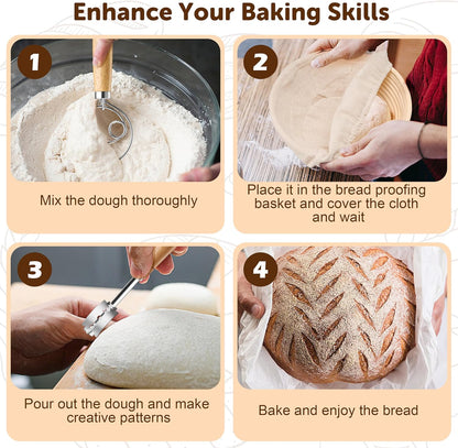 TeamFar Sourdough Bread Baking Supplies, 9” Round & 10” Oval Bread Proofing Basket Set with Liner, Sourdough Starter Kit for Bread Making, Bread Lame/Whisk/Dough Scraper/Basting Brush