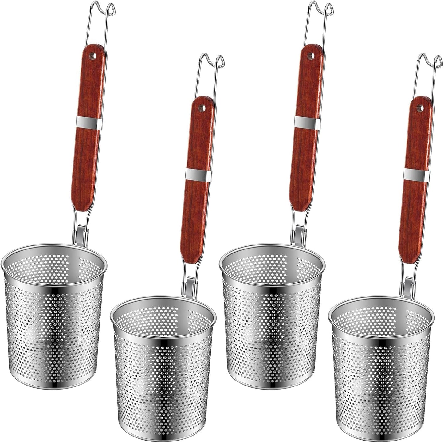 Tessco 4 Pcs Pasta Strainer, 4.7" x 5.2'' Stainless Steel Pasta Basket Mesh Cooker with Wood Handle, Spider Strainer Kitchen Skimmer for Food Dumpling Noodle Blanching(Dark Color)