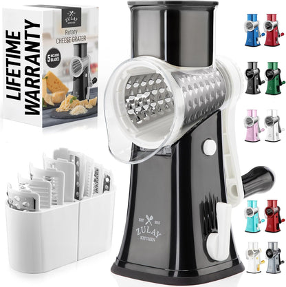 Zulay Kitchen Rotary Cheese Grater 5 Blade Cheese Shredder - Manual Hand Crank Cheese Grater With Reinforced Suction & 5 Interchangeable Drums - Easy to Use, Vegetable Chopper Round Mandoline Slicer - Colors B