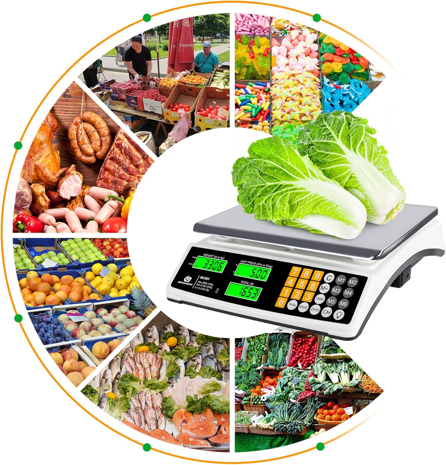 Price Computing Scale 88lb/40kg Commercial Food Scale for Produce Meat with Stainless Steel Large Platform, LCD Display, and Green Bright Backlight for Farmers Markets, Deli, （Not for Trade）